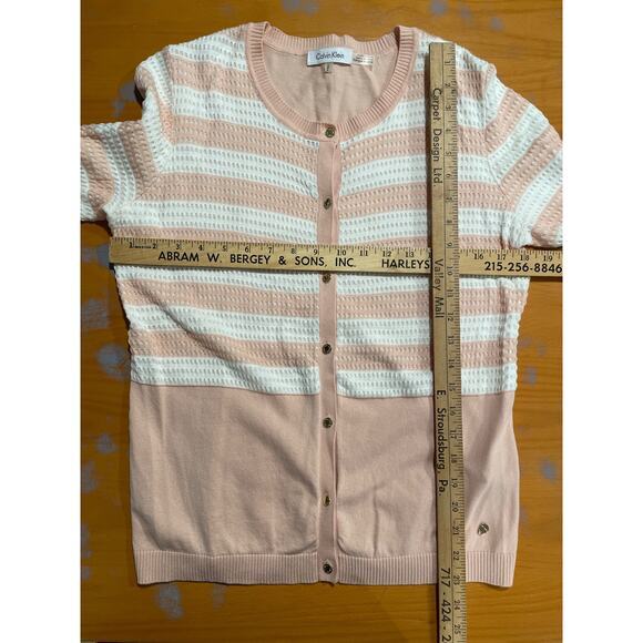 Calvin Klein Soft Pink White Lightweight Cotton Cardigan Sweater M Striped Prep - Picture 7 of 7